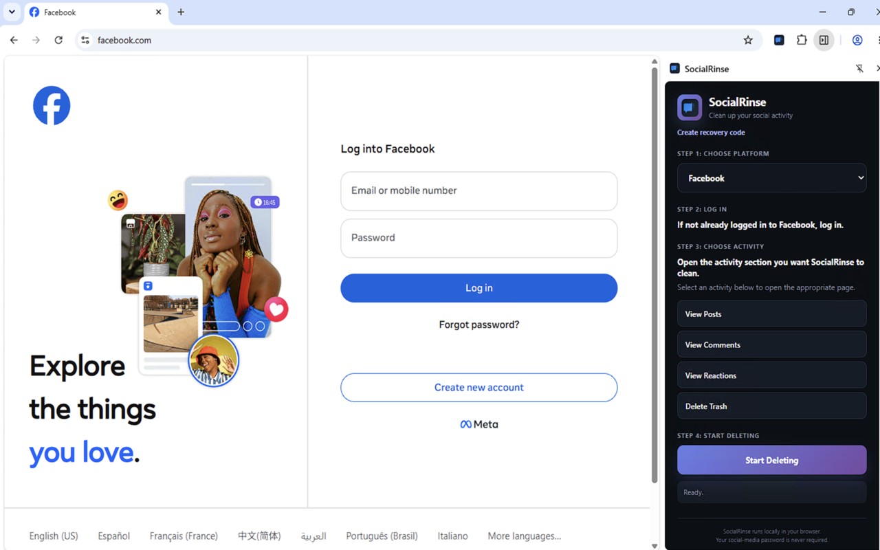 SocialRinse extension open beside Facebook, with activity cleanup options