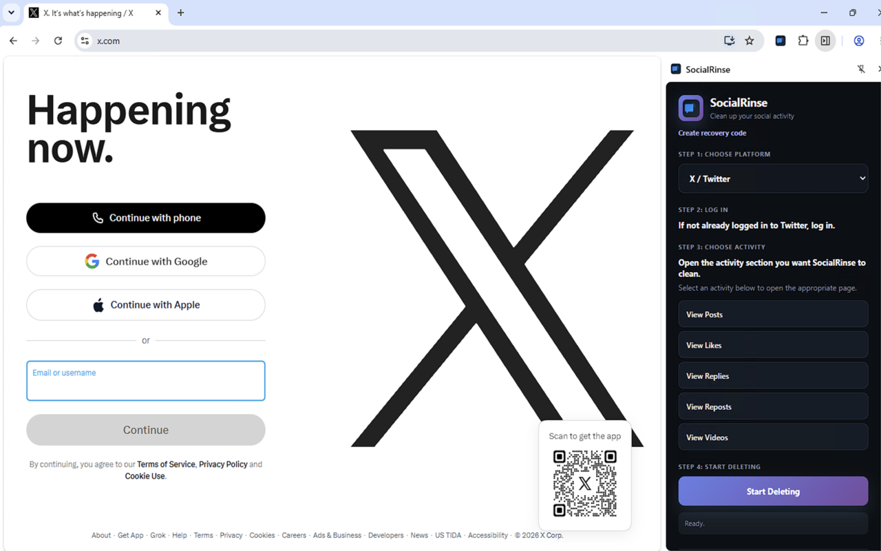 SocialRinse extension open beside X, with activity cleanup options